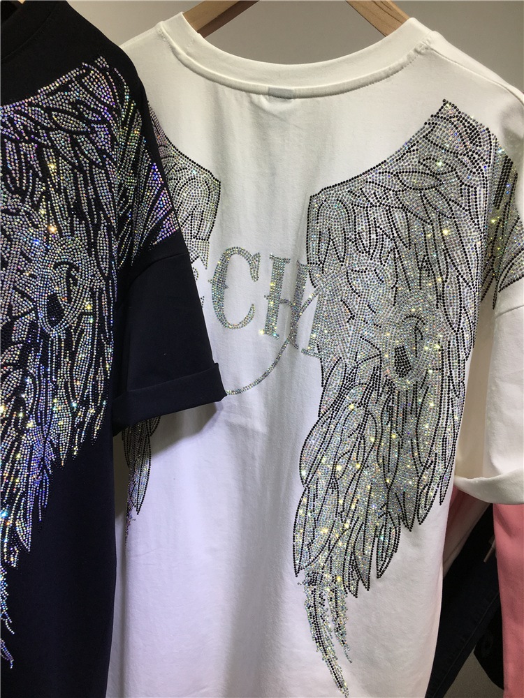 L-4XL 오버사이즈 라인스톤 엔젤 윙 할리 티셔츠,  - Streetwear Brand Shirts 리뷰 및 가격